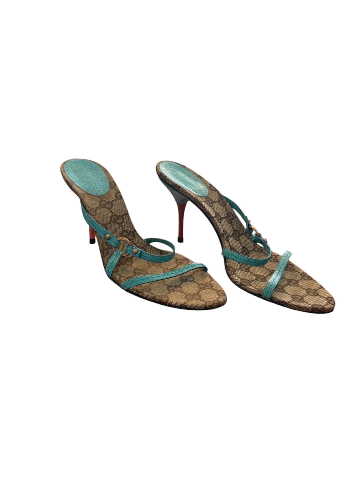Gucci GG Canvas & Turquoise Leather Strappy Heels
