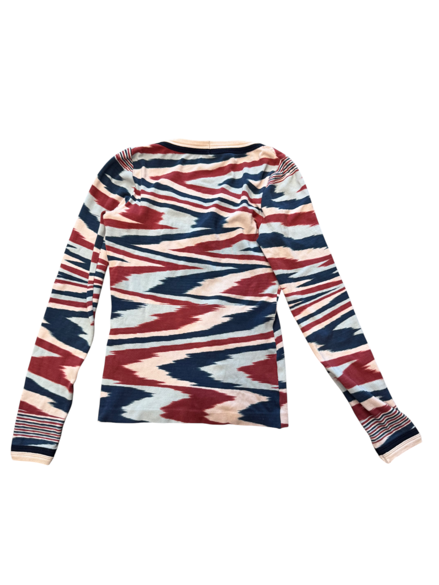 Colorful patterned long-sleeve shirt on a white background