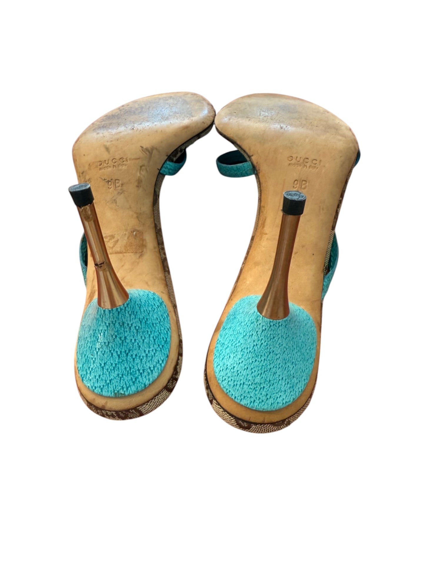 Gucci GG Canvas & Turquoise Leather Strappy Heels