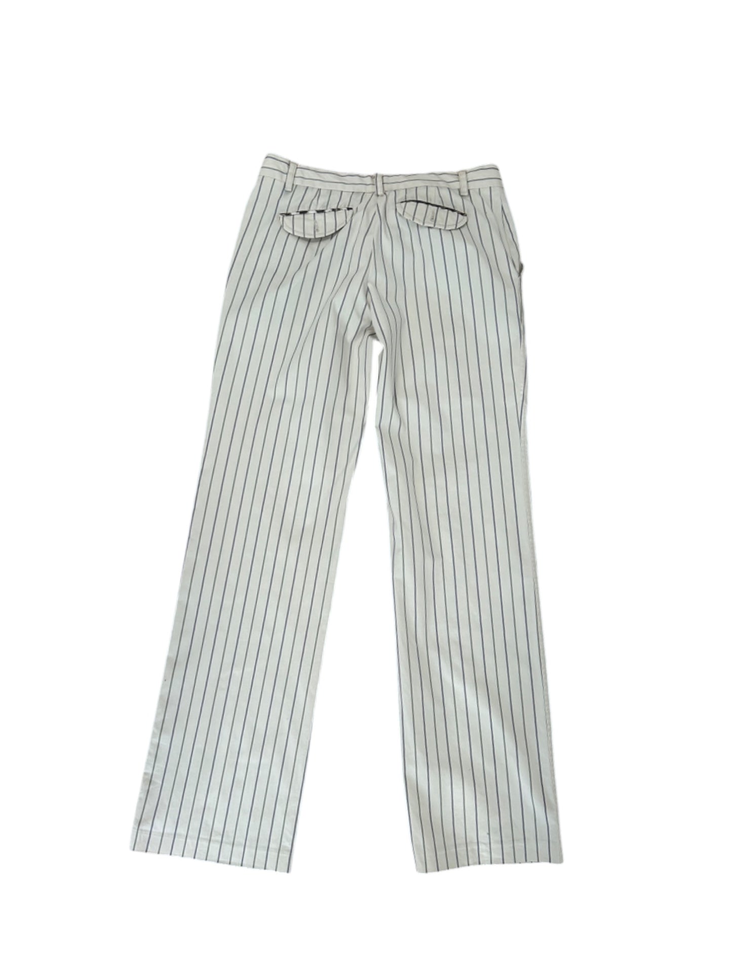  A pair of Just Cavalli cream striped wide-leg pants laid flat against a white background. The pants feature thin vertical black stripes, a structured waistband with belt loops, a zip and hidden clasp front closure, and fold-over back pockets. The interior waistband has a patterned fabric lining, visible at the top. The fabric appears slightly worn with minor signs of use on the pockets. The trousers have a classic nautical-inspired design with a relaxed yet tailored fit.