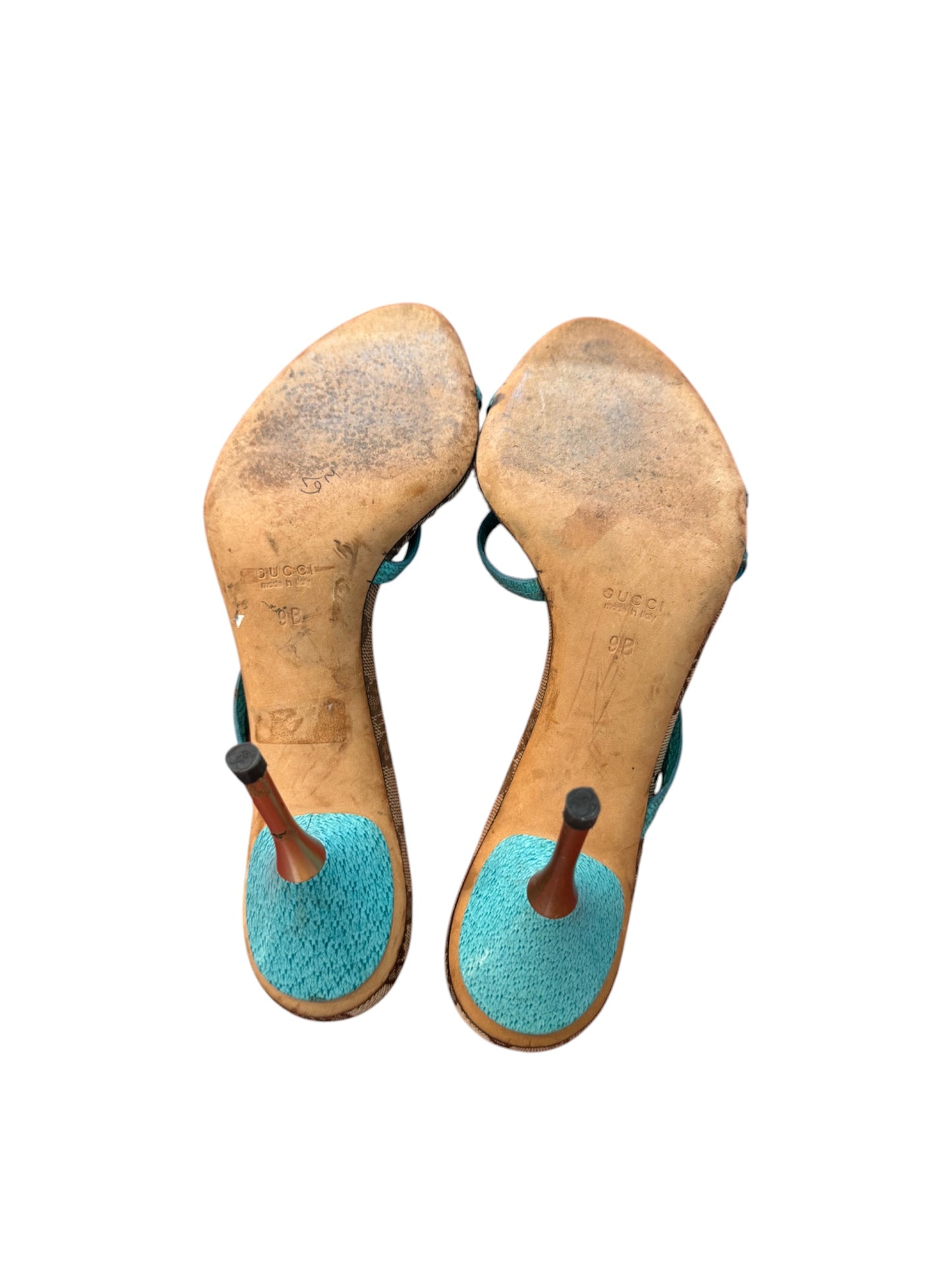 Gucci GG Canvas & Turquoise Leather Strappy Heels