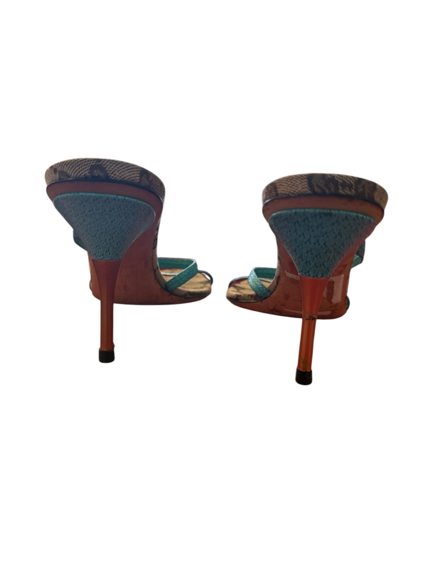 Gucci GG Canvas & Turquoise Leather Strappy Heels